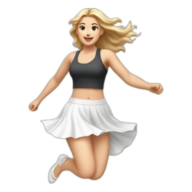 Hyperrealistic Full body Caucasian curvy beauty jumping short white skirt back and front views strong wind sticker