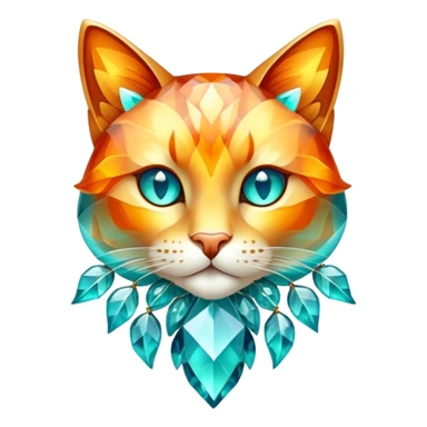 A feline creature with a crystalline body featuring autumn-colored gemstone segments, adorned with translucent leaf-like patterns that shimmer between turquoise and fiery amber when it moves through sunlight. sticker