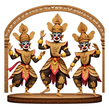 ​Cinematic Realistic Wayang Golek Ayun-ayun Dancers, depicted as intricately carved traditional wooden puppets in dynamic dance poses, adorned with vibrant painted details and expressive features, set against a softly lit stage that evokes centuries of Indonesian cultural heritage, rendered with lifelike textures and dramatic atmospheric lighting, sticker