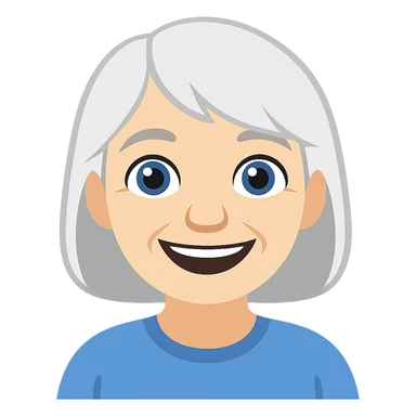 Make the older woman have a wider and expressive smile, in the style of Apple Memoji with flat colors and soft edges, no background. sticker