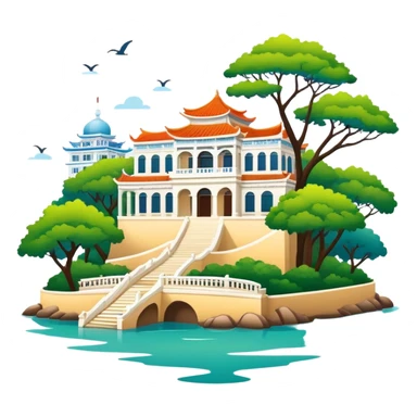 Xiamen Gulangyu Island with shady trees and colonial buildings, simplified emoji style with bold outlines and bright colors, cartoon style island with piano shape sticker