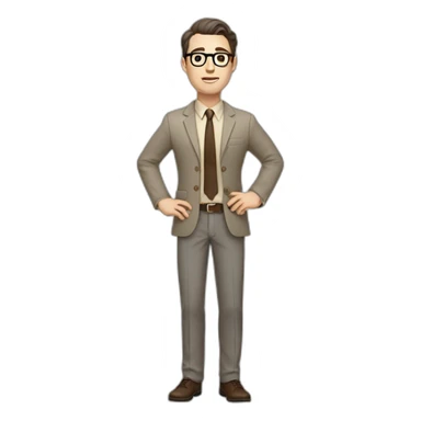 Full height Gesticulating Pale skinned fit man with dark brown hair in gray jacket, beige office shirt, brown tie, brown pants and vintage glasses. sticker