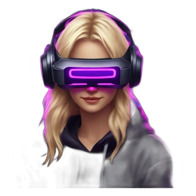 Russian blondy girl celebrating her birthday wearing a black hoodie and VR headset in a cyberpunk VR environment with violet neon lighting sticker