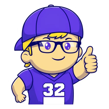 Man with black and white cap, purple sports jersey with number 32, clear glasses, light blond mullet hairstyle, thumbs up gesture, relaxed expression sticker