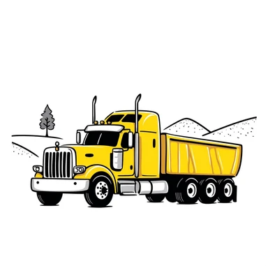 yellow sleeper semi truck with a large end dump trailer in a country landscape, hand drawn notion style doodle sticker