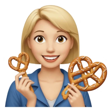 Short, Straight, Dirty blond hair, fair skin, woman holding pretzels and winking sticker