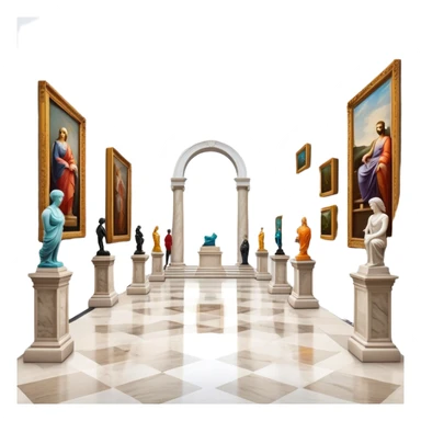 An icon featuring an elegant art gallery with classic paintings hanging on the walls, and sculptures displayed on pedestals. Visitors admire the exhibits, capturing the essence of culture, history, and art. Set against a transparent background. sticker