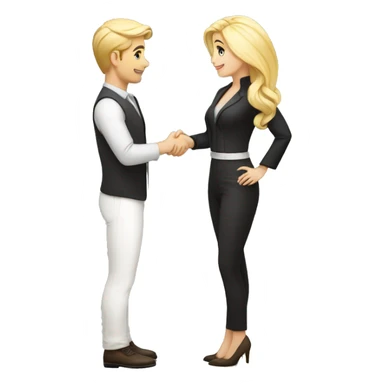 adult restaurant owner with white skin and blogger with white skin and blonde hair shaking hands in great detail and full height sticker