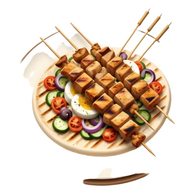 cinematic-realistic-souvlaki-dish-emoji,-showcasing-skewered,-grilled-chicken-with-mediterranean-spices-rendered-with-dynamic-textures-and-warm,-appetizing-lighting on pita bread on a plate sticker