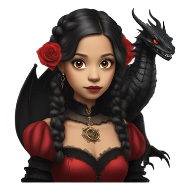 Lavish black evening gown with see-through gloves, Jenna Ortega as Addams woman wearing a steampunk mini tiara, very large blood red evil-looking horned old dragon sticker