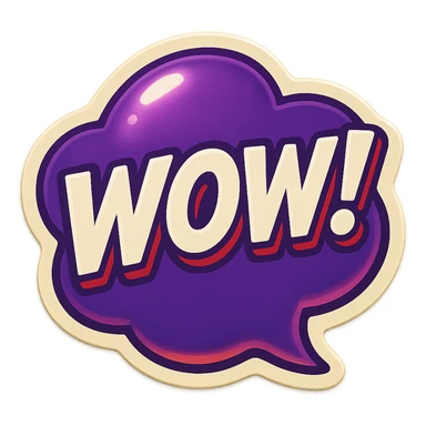 Purple bubble with white text saying "WOW!" sticker