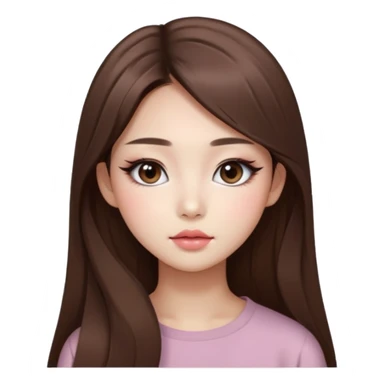 “korean straight long brown hair Emoji girl, soft eyeliner and blush, gradient lips, light brown shimmer eyeshadow sticker