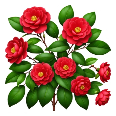 big bouquet Red Camellia, luxuriant, stem, leaf sticker
