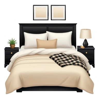 Black bed with pillows and blankets, cozy vibe white and beige sticker