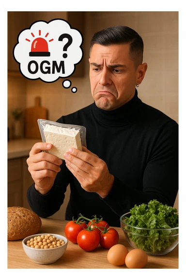 un uomo in cucina tiene in mano una confezione di soia o tofu, osservandola con un’espressione scettica e preoccupata. Sopra la confezione, una nuvoletta di pensiero mostra la scritta “OGM” evidenziata in rosso, accompagnata da un simbolo di allarme o un punto interrogativo. Sullo sfondo, altri alimenti naturali sono visibili sul tavolo, sottolineando la sua preferenza per prodotti non OGM. sticker