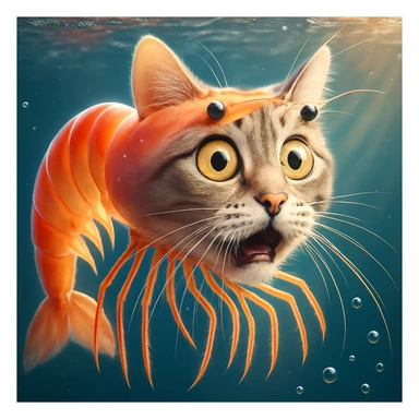 Change the expression of the cat-shrimp creature to surprised, keeping all other details and colors the same, in a style consistent with the original image. sticker