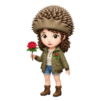 full body woman short curly brown mullet hair brown eyes white skin wearing hedgehog hat and thorny rose jacket sticker