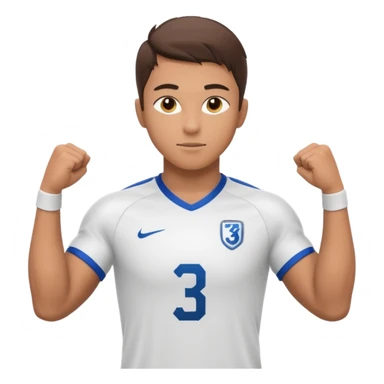 Apple emoji style 23 year old soccer player standing confident pose, white jersey #3, ultra detailed 3D sticker