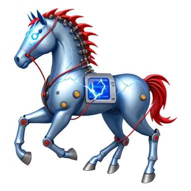 fast electric horse made of electricity, metal plates, bolts, visible blue and red wires, lightning surrounding it sticker