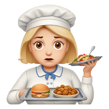 lunch lady with a tray of unappetizing food, exaggerated disgusted face sticker