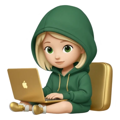 3D clay render character sitting with laptop, rounded cute design, deep green (#0B3D2C) hoodie, cream laptop, gold accents, Pixar style, transparent background sticker