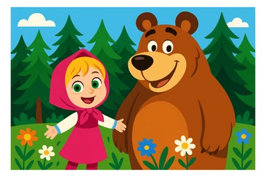 charming cartoon: little girl with green eyes, blonde hair, pink dress and headscarf, smiling next to a big brown bear in a lush pine forest with flowers, clean and bright background sticker