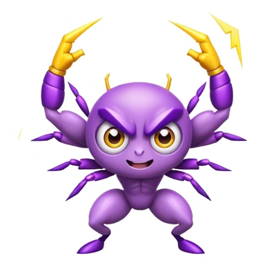cute purple bug with big expressive eyes, strong muscular arms, a fun happy expression, and electric lightning bolt arms sticker