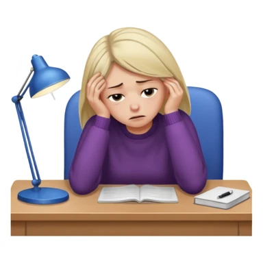 A woman wearing a jumper experiencing burnout, exhausted and overwhelmed, tired eyes, slumped posture, sitting at a desk, iOS emoji style sticker