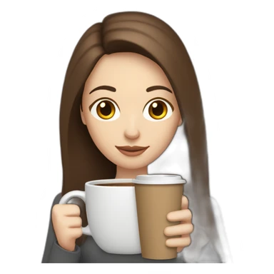 woman with long straight brown hair and pale skin holding a large coffee mug on a laptop screen sticker