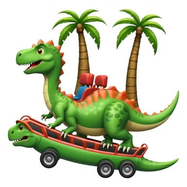 dinosaur waving from a roller coaster car, palm tree nearby, emoji style sticker