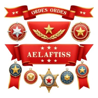 Icon for Collecting Orders, Medals & Badges: a variety of vintage orders and badges, displayed neatly on a big red pennant. The icon should reflect the honor and historical significance of these collectible items. Transparent background. sticker