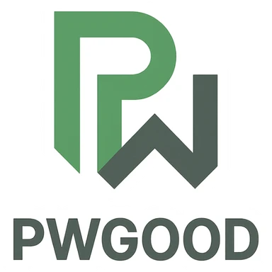 geometric logo for 'pwgood' with stylized 'pw' monogram, green and gray palette sticker