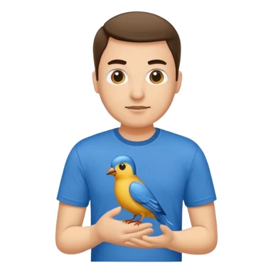 blue tshirt man with bird sticker
