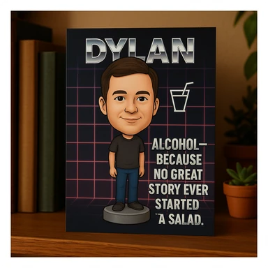 birthday card featuring Dylan as a bobblehead character, minimal neon grid background, one drink icon, bold chrome text with the quote 'Alcohol—because no great story ever started with a salad.', clean limited color palette sticker