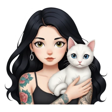 girl with long wave black hair and tattoos and a white cat sticker