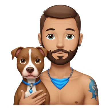 Man with brown beard and very short brown hair and blue eyes, neck tattoo with tan male pit bull  sticker