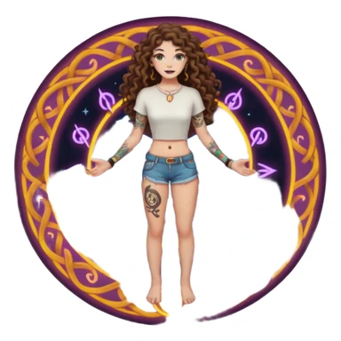 full body view of a woman with long curly brown hair, brown eyes, white skin, tattoos, standing in a magic circle on the ground, neon symbols around her feet sticker