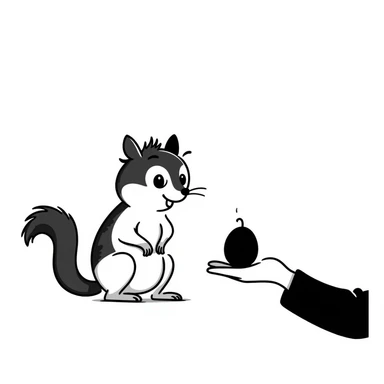 Hand-drawn squirrel with dripping drool, hungry expression, eyeing food sticker