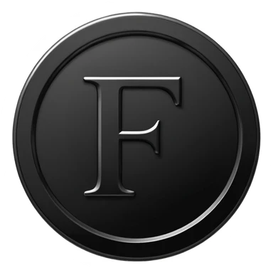 Emoji icon of a black coin with engraved letter F, minimalist style, isolated, only black color sticker