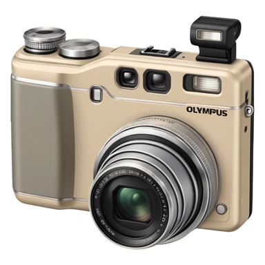 Olympus Superzoom 70G camera, grayish-beige color, accurate representation with correct proportions and silhouette, compact rectangular body with rounded edges, small viewfinder, built-in flash unit on top, lens with zoom functionality, exactly matching the real Olympus Superzoom 70G design sticker