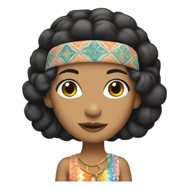 Tanned woman with black hair dressed in 1970s hippie attire, hair, makeup, and  attire with headband  sticker