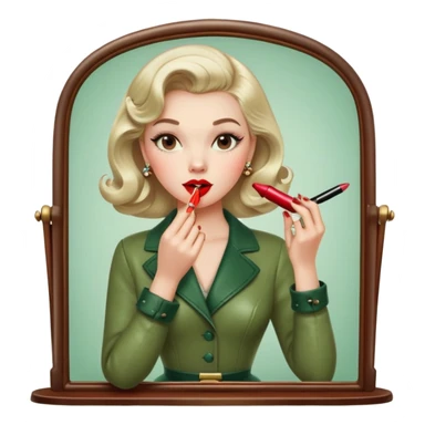 Cartoon version of a blogger applying red lipstick in a vintage mirror, classic 50s outfit, warm leather and marsh green tones sticker