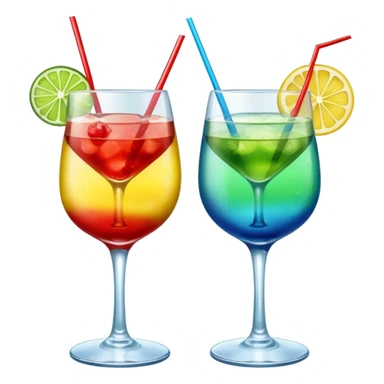 Create an emoji of two cocktails, one glass of green and yellow color and one glass of blue and red, without any fruit, put the action of cheers or party that two glass click together sticker