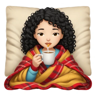 girl with black curly hair inside a blanket sipping coffee eyes closed sticker