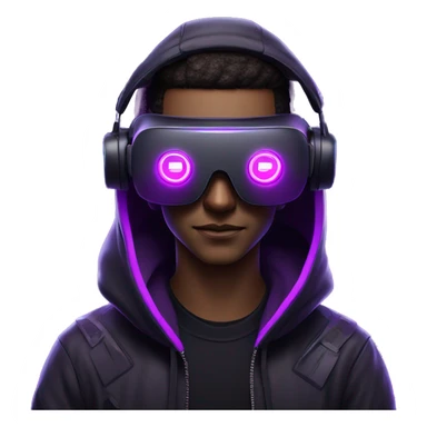 Cyberpunk style. Violet neon. Man with light skin in the black hoody with violet OMG VR logo on it wearing vr headset oculus quest 2 sticker