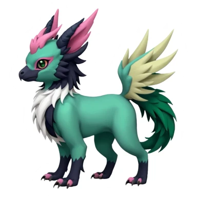 Dark-deep-Emerald-green gryphon-Trico-Nargacuga-Absol-Leafeon-Sprigatito-fusion-hybrid with a long tufted tail, black beak, pink accents, black claws, black tail, majestic, realistic, furry (full body) sticker