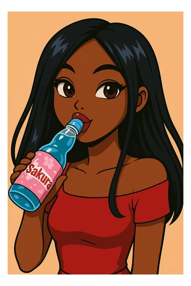 Headshot of a 20-year-old anime Bratz style woman with dark skin, straight hair, trendy outfit, glossy lips, no hat, no tears, happy expression, both eyes open, looking straight ahead, drinking blue Ramune soda labeled 'Sakura'. Change her eyes to brown and her shirt to red. sticker