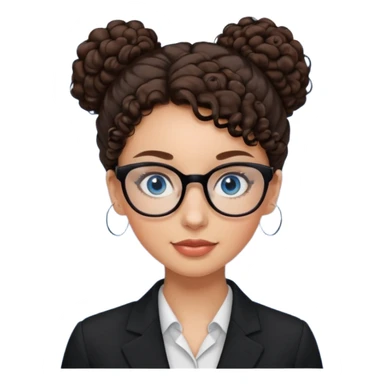 a woman, 30 years old, light skin with dark brown curly hair in a bun with some face framinig pieces. eyeglasses. Black suite on. blue eyes. sticker