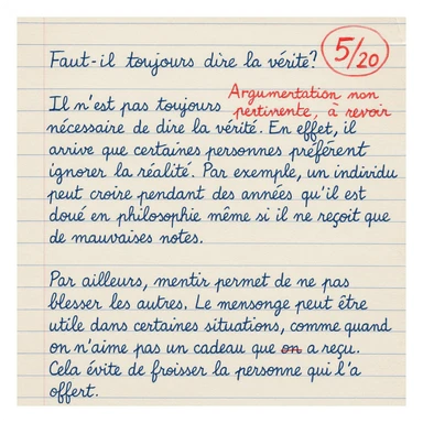 handwritten high school philosophy assignment in French, blue ink, lined paper, grade 5/20 circled in red at top right, teacher's feedback in French: 'Argumentation non pertinente, à revoir' in red, some underlined mistakes sticker