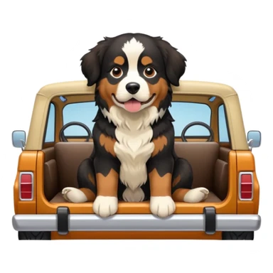Cream colored ford bronco with no roof and an adult Bernese mountain dog in the seat sticker